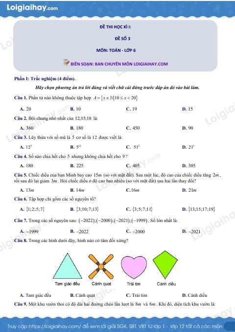Đề thi học kì 1 Toán 6 - Đề số 3
